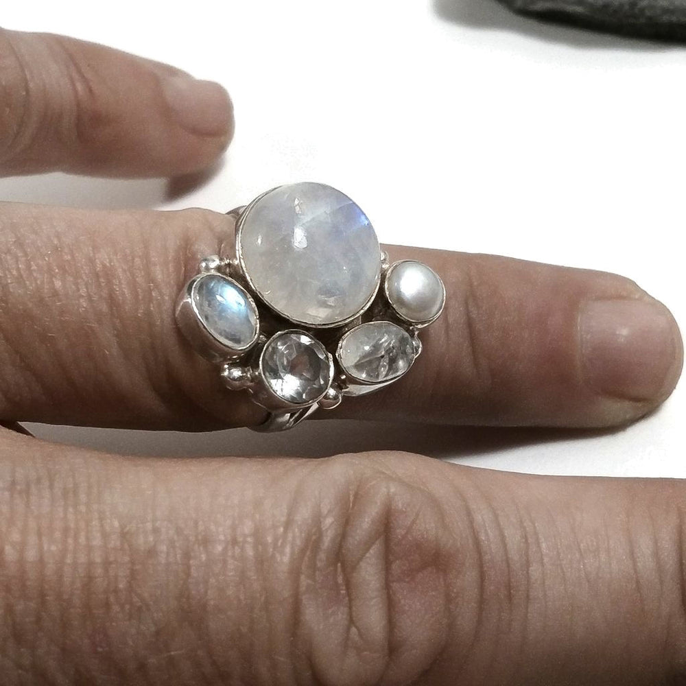 Anello con pietra in argento 925 con Pietra di Luna , Perla , Cristallo di rocca | GIOIELLI IN ARGENTO