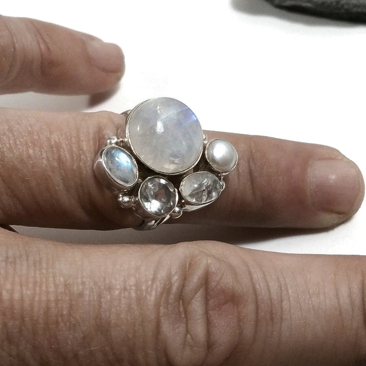 Anello con pietra in argento 925 con Pietra di Luna , Perla , Cristallo di rocca | GIOIELLI IN ARGENTO