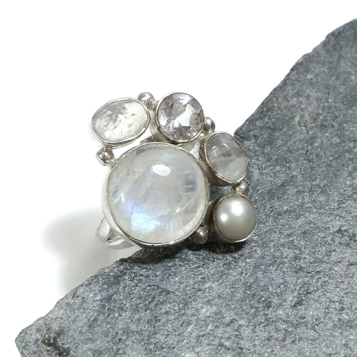 Anello con pietra in argento 925 con Pietra di Luna , Perla , Cristallo di rocca | GIOIELLI IN ARGENTO