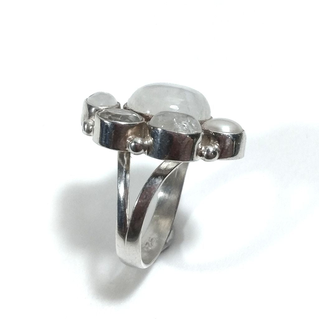 Anello con pietra in argento 925 con Pietra di Luna , Perla , Cristallo di rocca | GIOIELLI IN ARGENTO