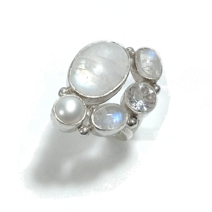 Anello con pietra in argento 925 con Pietra di Luna , Perla , Cristallo di rocca | GIOIELLI IN ARGENTO