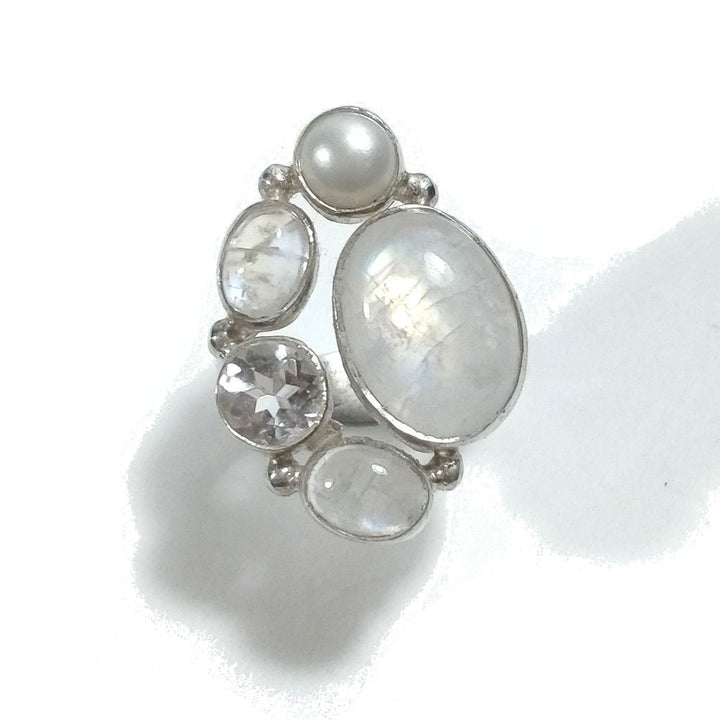 Anello con pietra in argento 925 con Pietra di Luna , Perla , Cristallo di rocca | GIOIELLI IN ARGENTO