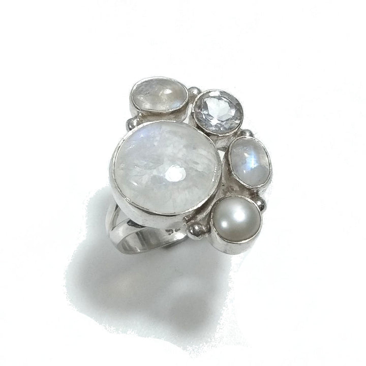 Anello con pietra in argento 925 con Pietra di Luna , Perla , Cristallo di rocca | GIOIELLI IN ARGENTO