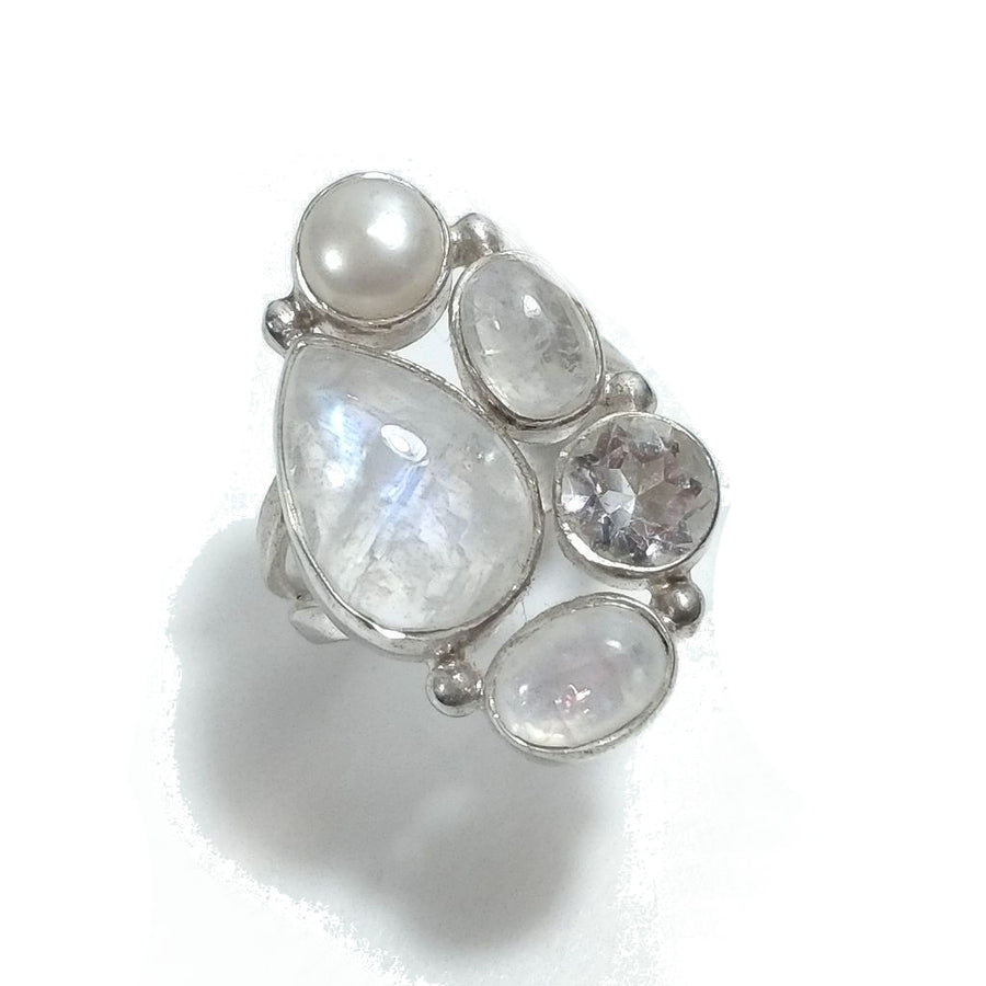 Anello con pietra in argento 925 con Pietra di Luna , Perla , Cristallo di rocca | GIOIELLI IN ARGENTO
