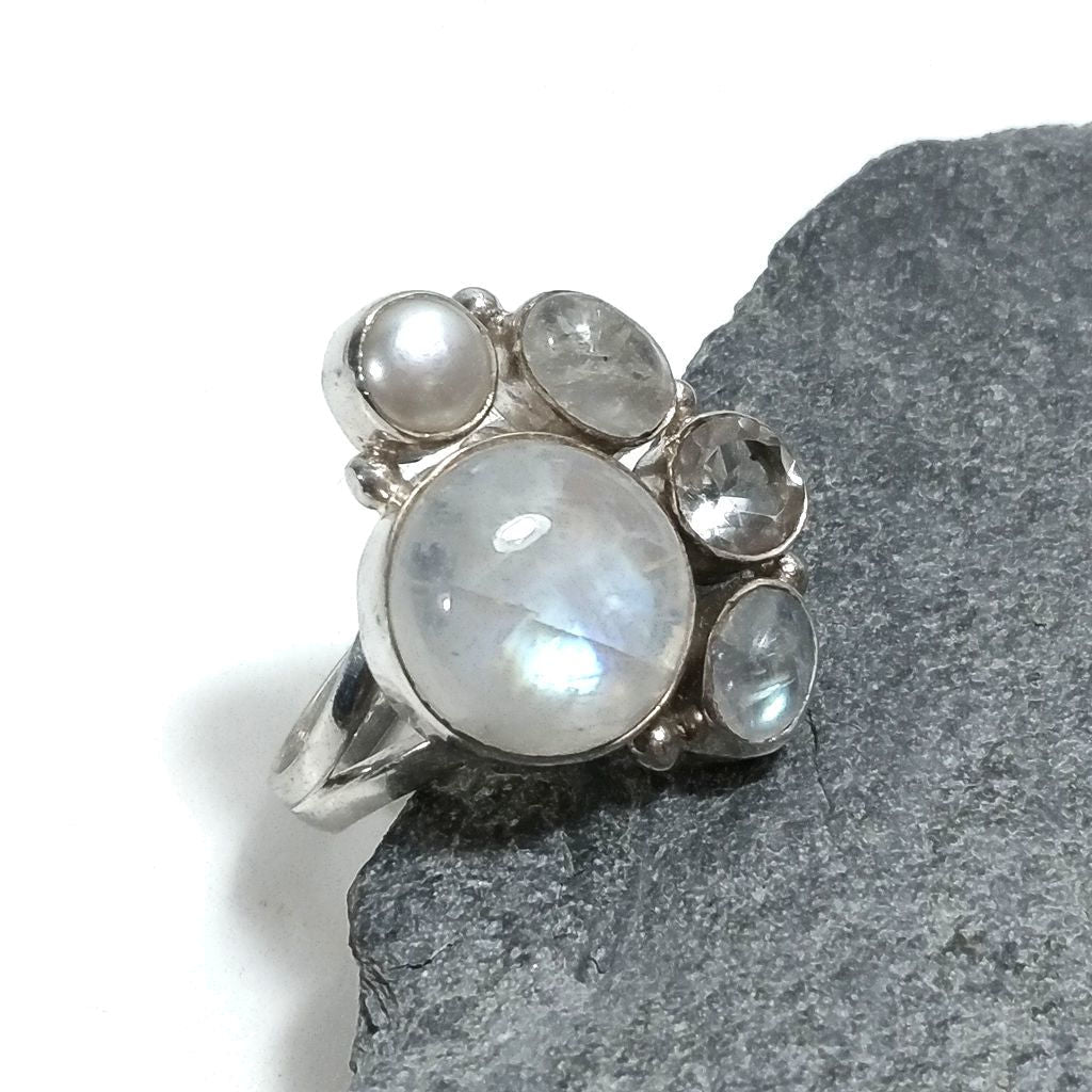 Anello con pietra in argento 925 con Pietra di Luna , Perla , Cristallo di rocca | GIOIELLI IN ARGENTO