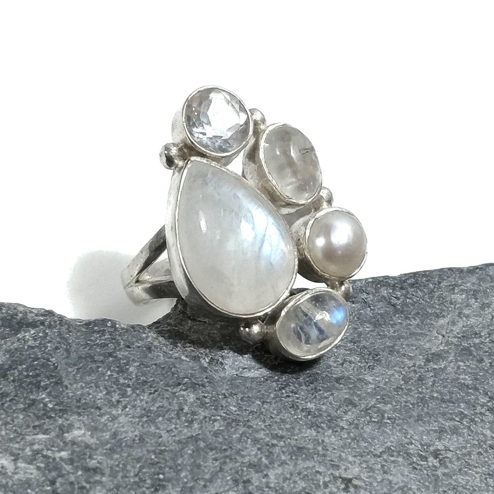 Anello con pietra in argento 925 con Pietra di Luna , Perla , Cristallo di rocca | GIOIELLI IN ARGENTO