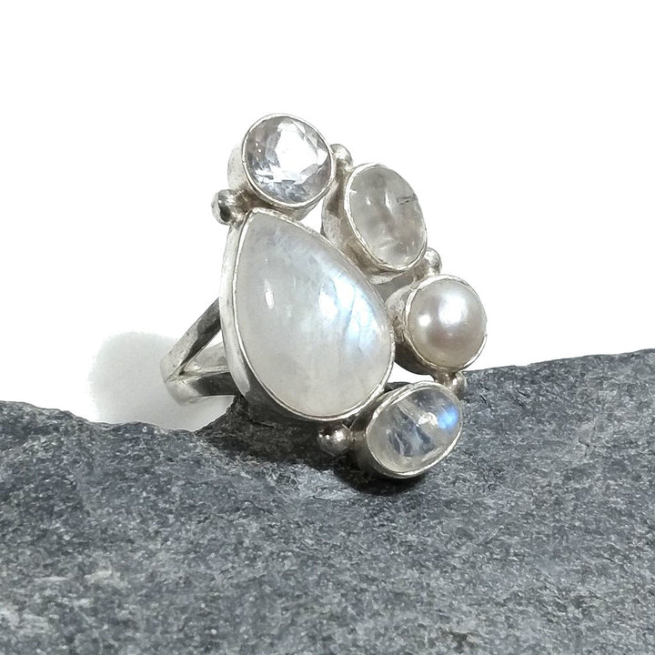 Anello con pietra in argento 925 con Pietra di Luna , Perla , Cristallo di rocca | GIOIELLI IN ARGENTO