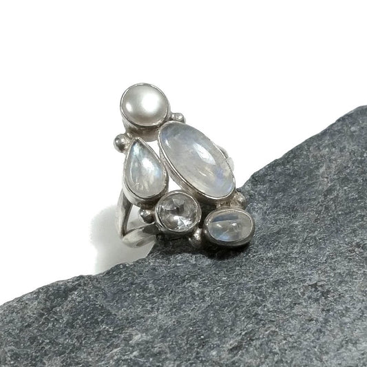 Anello con pietra in argento 925 con Pietra di Luna perla e cristallo di rocca