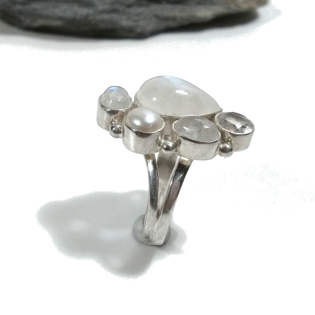 Anello con pietra in argento 925 con Pietra di Luna , Perla , Cristallo di rocca | GIOIELLI IN ARGENTO