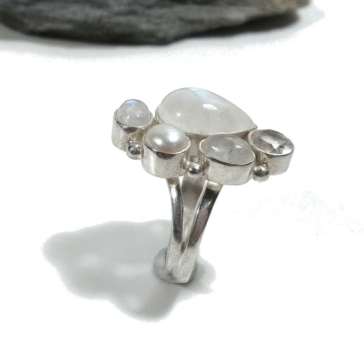 Anello con pietra in argento 925 con Pietra di Luna , Perla , Cristallo di rocca | GIOIELLI IN ARGENTO