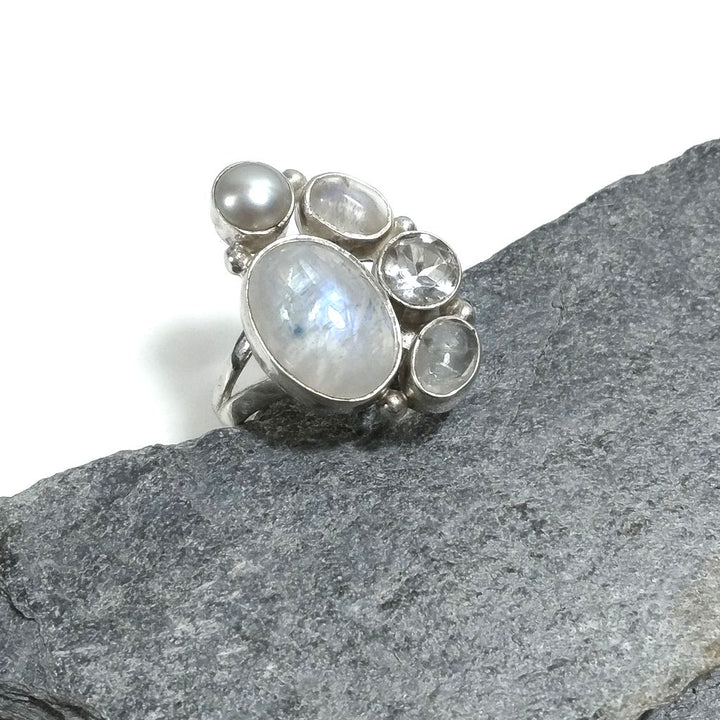 Anello con pietra in argento 925 con Pietra di Luna , Perla , Cristallo di rocca | GIOIELLI IN ARGENTO