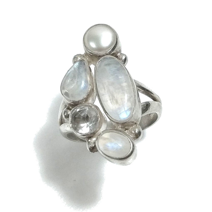 Ring with stone in 925 silver with Moonstone, Pearl, Rock Crystal | SILVER JEWELRY