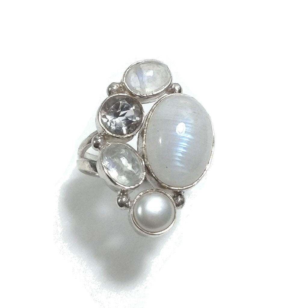 Anello con pietra in argento 925 con Pietra di Luna , Perla , Cristallo di rocca | GIOIELLI IN ARGENTO