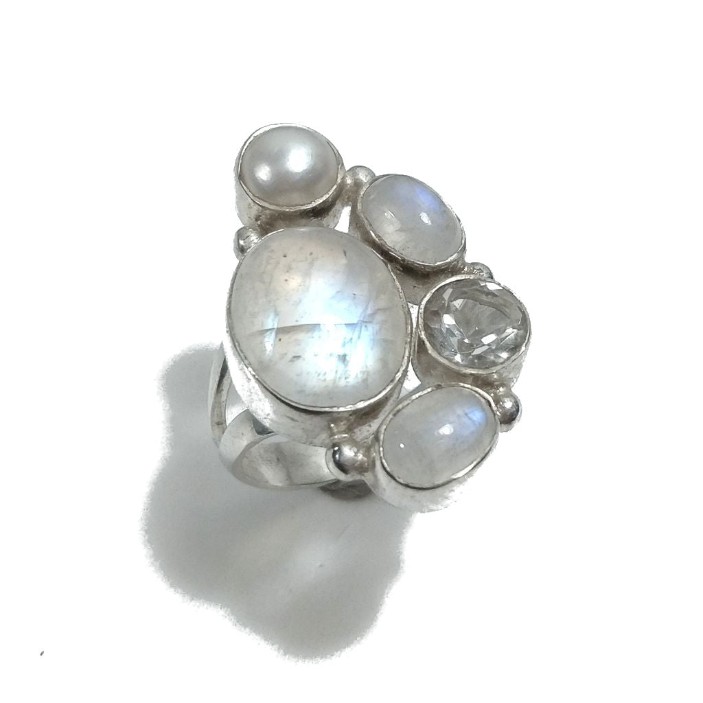 Anello con pietra in argento 925 con Pietra di Luna , Perla , Cristallo di rocca | GIOIELLI IN ARGENTO