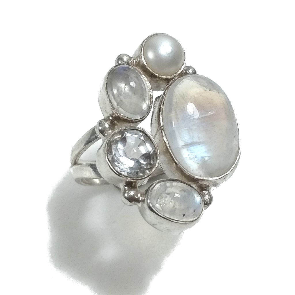 Anello con pietra in argento 925 con Pietra di Luna , Perla , Cristallo di rocca | GIOIELLI IN ARGENTO