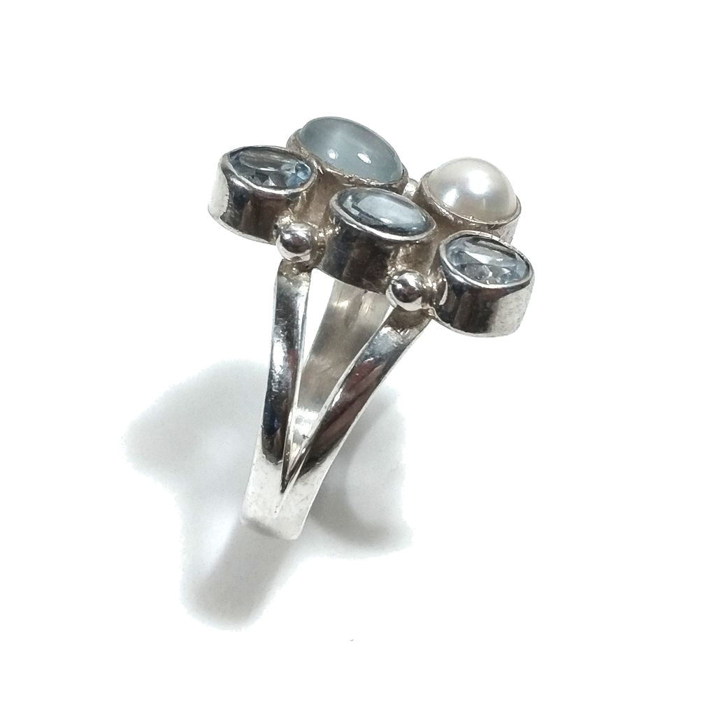 Anello con pietra in argento 925 con Acquamarina , Topazio azzurro, Perla | GIOIELLI IN ARGENTO