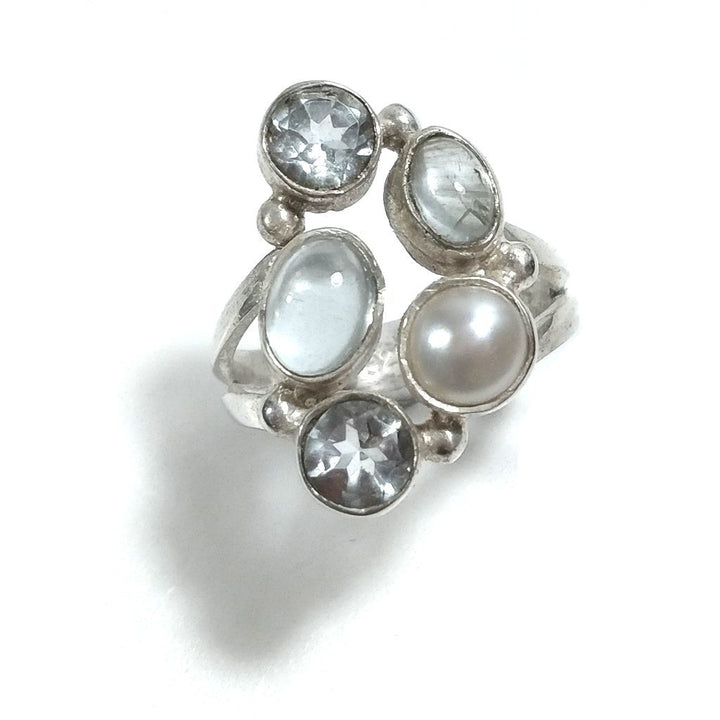 Anello con pietra in argento 925 con Acquamarina , Topazio azzurro, Perla | GIOIELLI IN ARGENTO