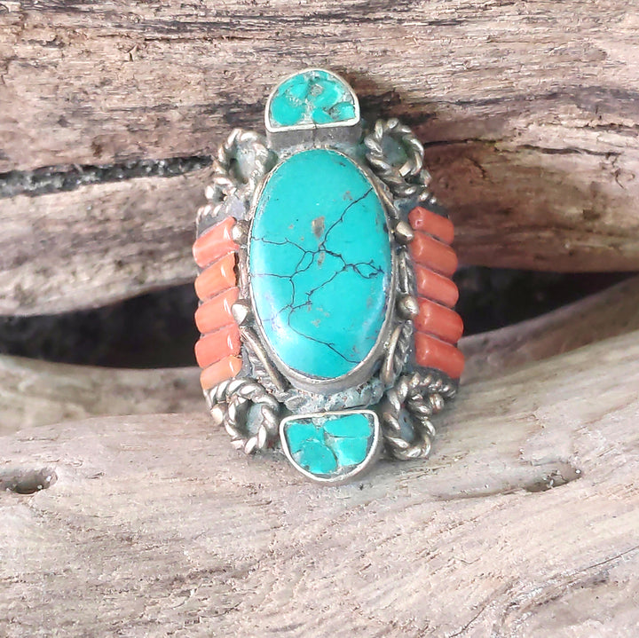 ANELLO ETNICO ANELLO artigianale Corallo bambù,Turchese, | GIOIELLI ETNICI