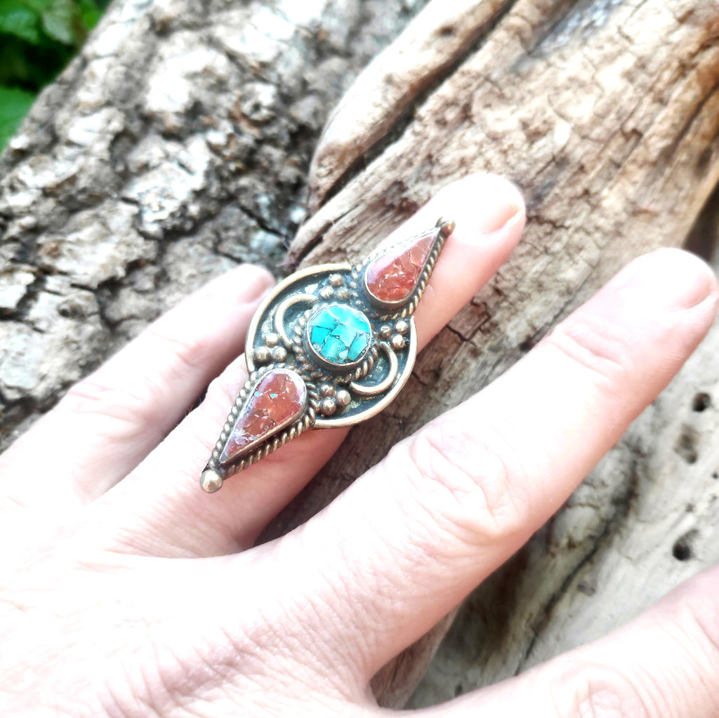 ANELLO ETNICO artigianale schegge Turchese e Corallo | GIOIELLI ETNICI
