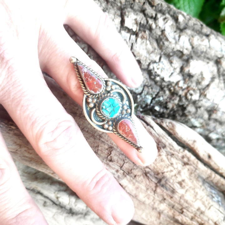 ANELLO ETNICO artigianale schegge Turchese e Corallo | GIOIELLI ETNICI