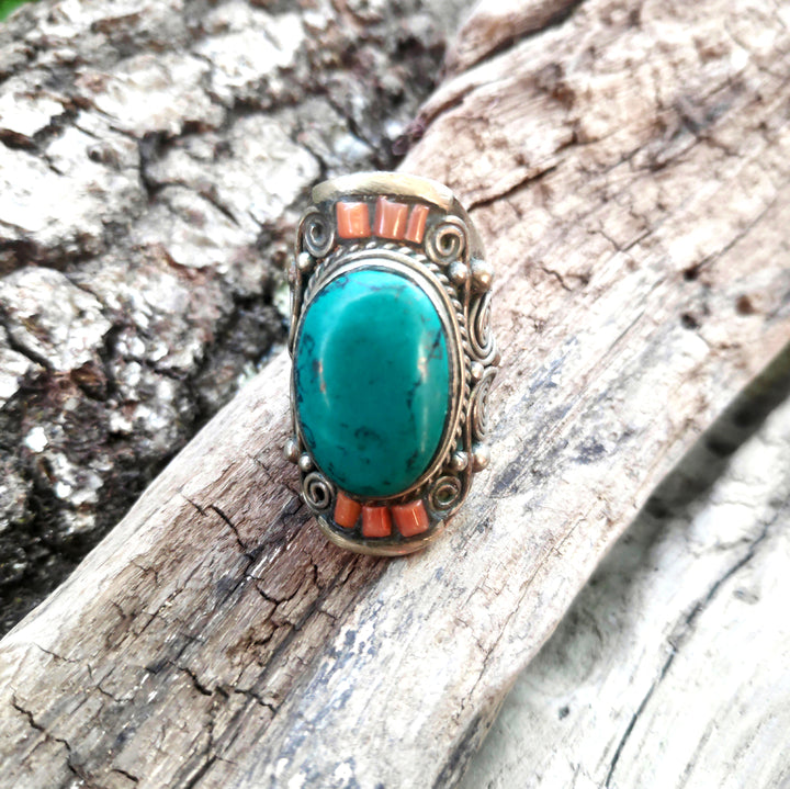 ANELLO ETNICO artigianale Corallo bambù,Turchese, | GIOIELLI ETNICI