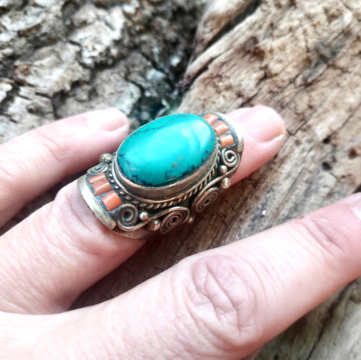 ANELLO ETNICO artigianale Corallo bambù,Turchese, | GIOIELLI ETNICI