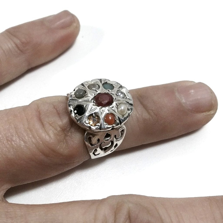 ANELLO ETNICO in argento 925 con NAVRATAN Radice di Rubino , Radice di Smeraldo| GIOIELLI ETNICI