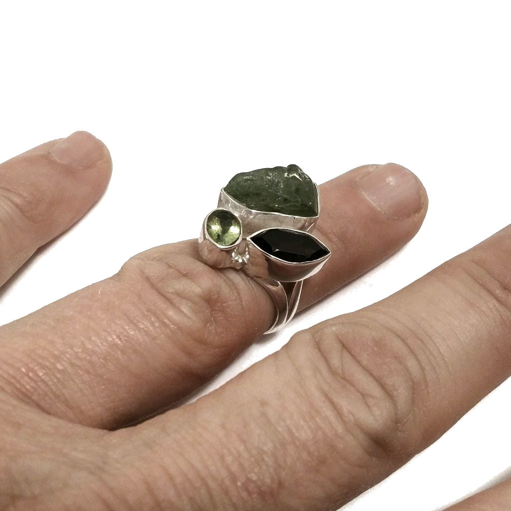 ANELLO artigianale in argento 925 ANELLO artigianale Peridoto - Quarzo fumé | Albero della vita