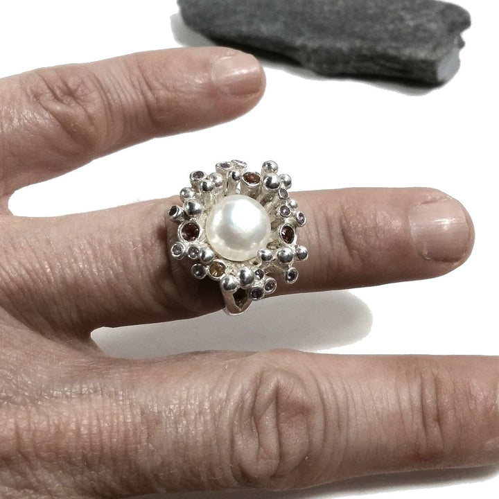 ANELLO artigianale in argento 925 con Perla - Granato | Gioielli in argento