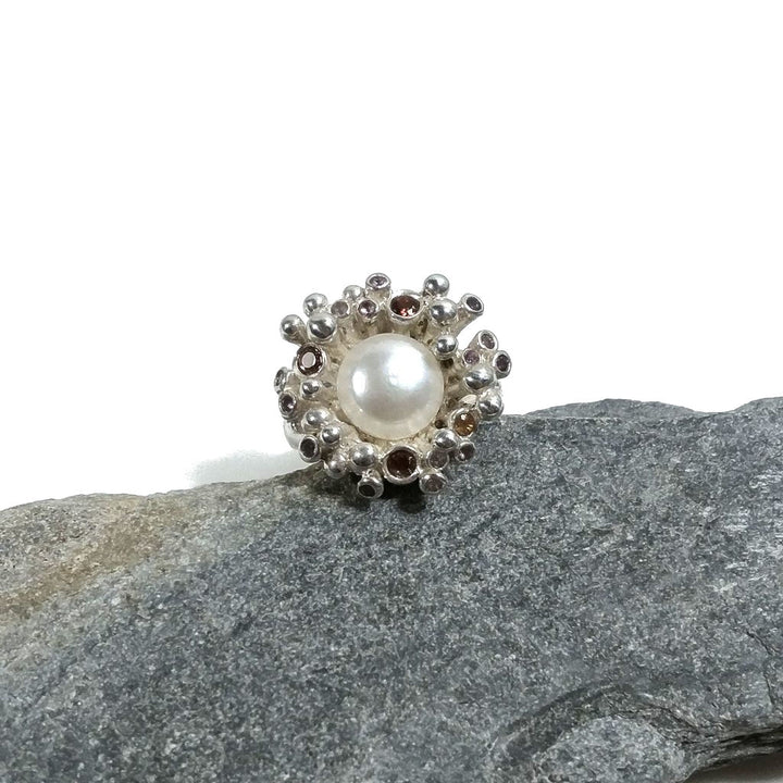 ANELLO artigianale in argento 925 con Perla - Granato | Gioielli in argento