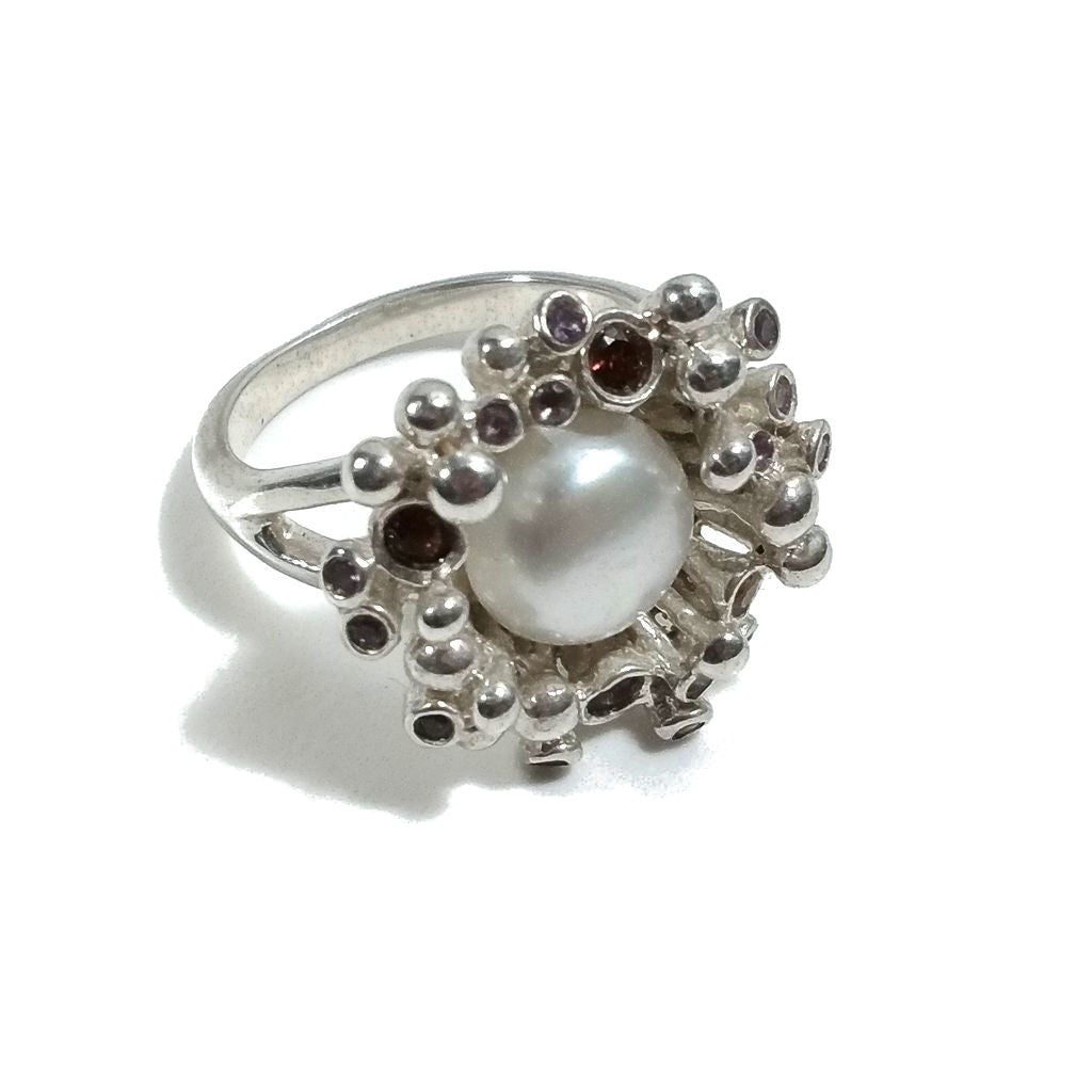 ANELLO artigianale in argento 925 con Perla - Granato | Gioielli in argento