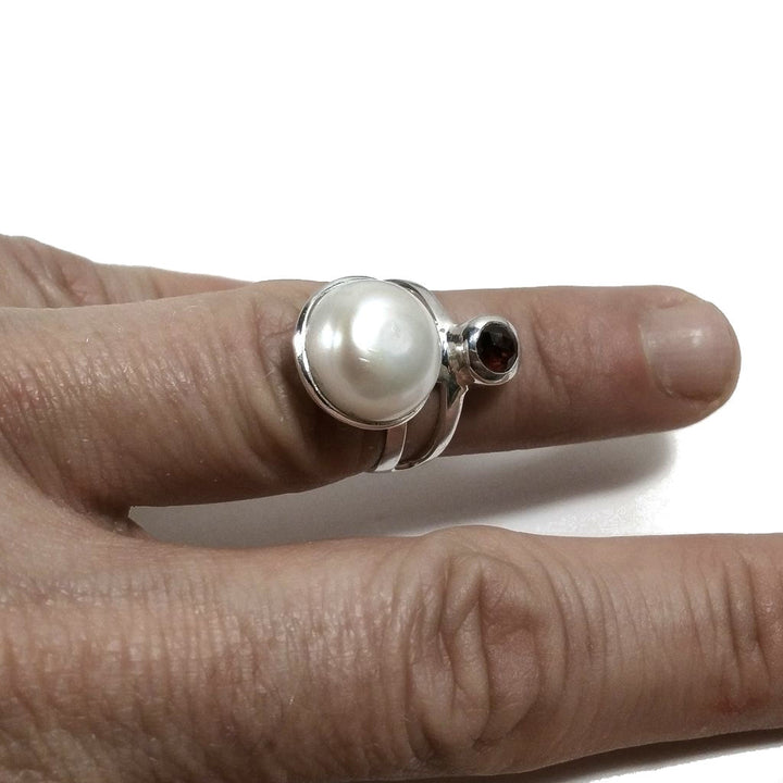 ANELLO artigianale in argento 925 con Perla - Granato | Gioielli in argento