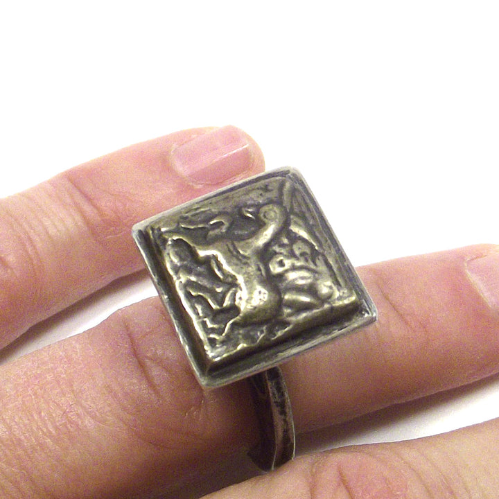 Antique silver ETHNIC SEAL ring - horse emblem