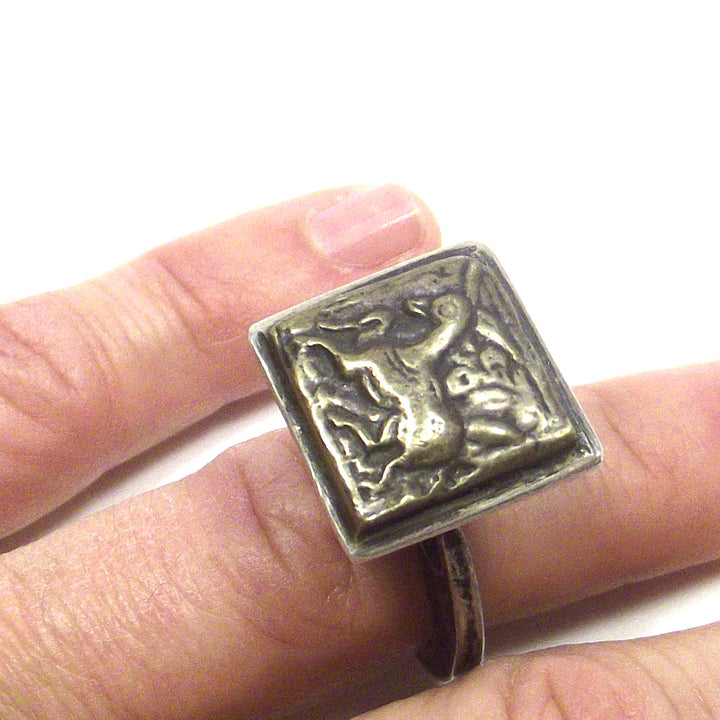 Antique silver ETHNIC SEAL ring - horse emblem