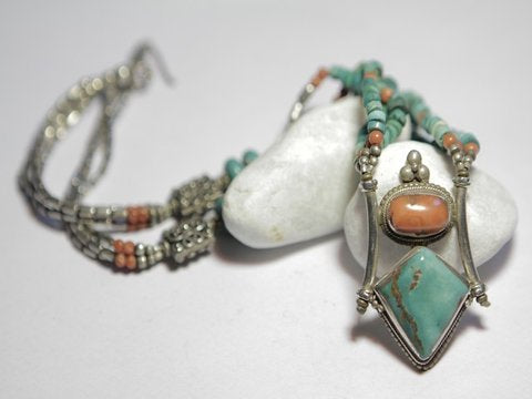 freeitalianjewels - Collana Tibet argento CORALLO e TURCHESE - ilmondodiwit - Collana