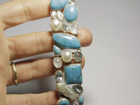 Women's silver bracelet TURQUOISE, MOONSTONE, PEARL