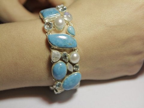 Women's silver bracelet TURQUOISE, MOONSTONE, PEARL