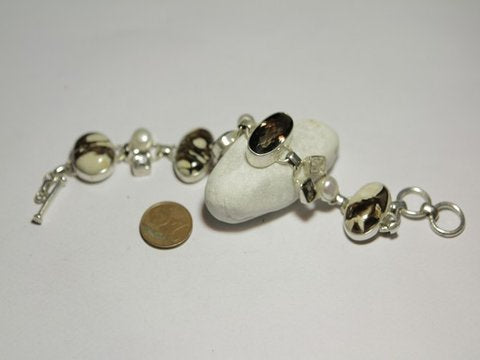 Women's silver bracelet JASPER, SMOKE QUARTZ, PEARL