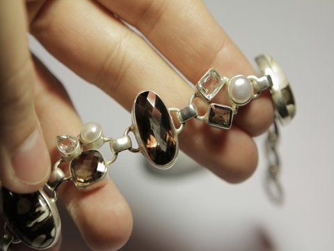 Women's silver bracelet JASPER, SMOKE QUARTZ, PEARL