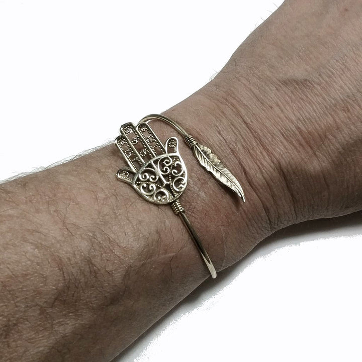 Bracciale in ottone MANO DI FATIMA Bracciale artigianale Piuma| BRACCIALE ottone