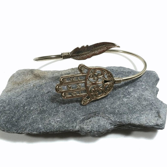 Bracciale in ottone MANO DI FATIMA Bracciale artigianale Piuma| BRACCIALE ottone