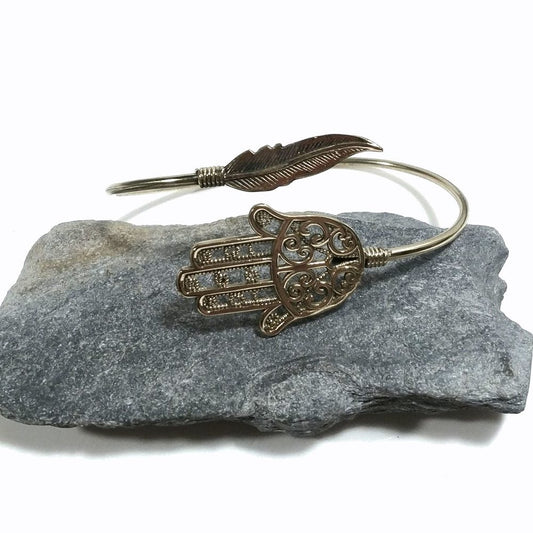 Bracciale in ottone MANO DI FATIMA Bracciale artigianale Piuma| BRACCIALE ottone
