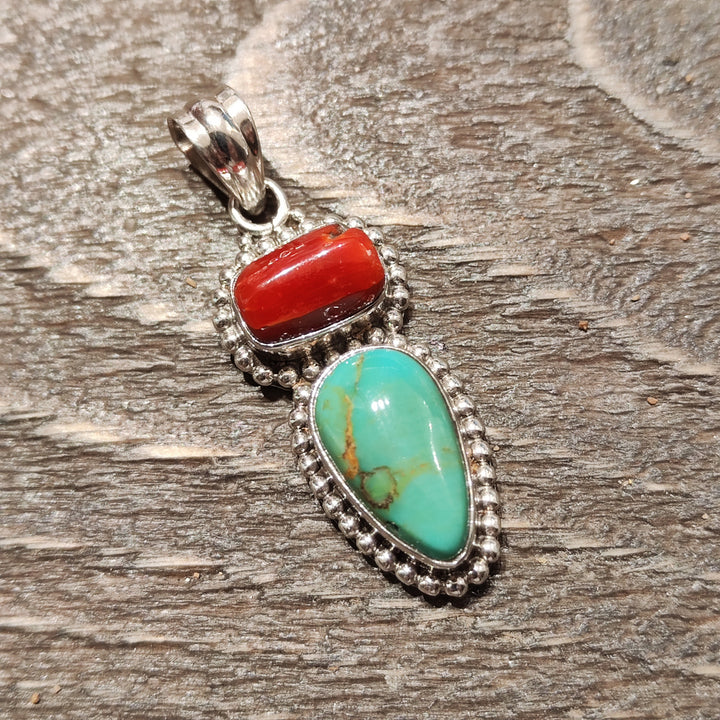 Turquoise and coral 925 silver pendant