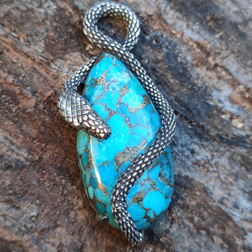 YAMIR pendant with TURQUOISE, OBSIDIAN or AMAZONITE stone in 925 silver Handcrafted pendant