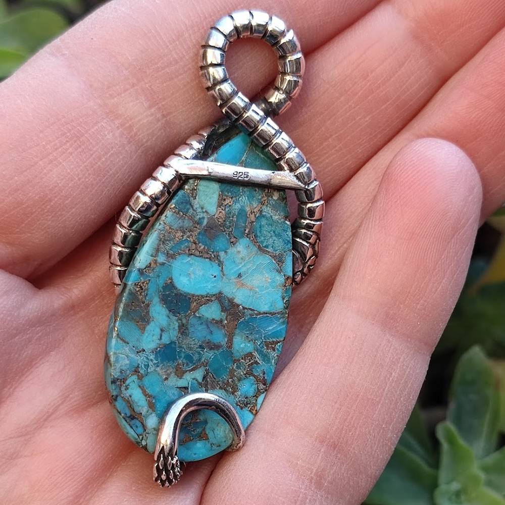 YAMIR pendant with TURQUOISE, OBSIDIAN or AMAZONITE stone in 925 silver Handcrafted pendant