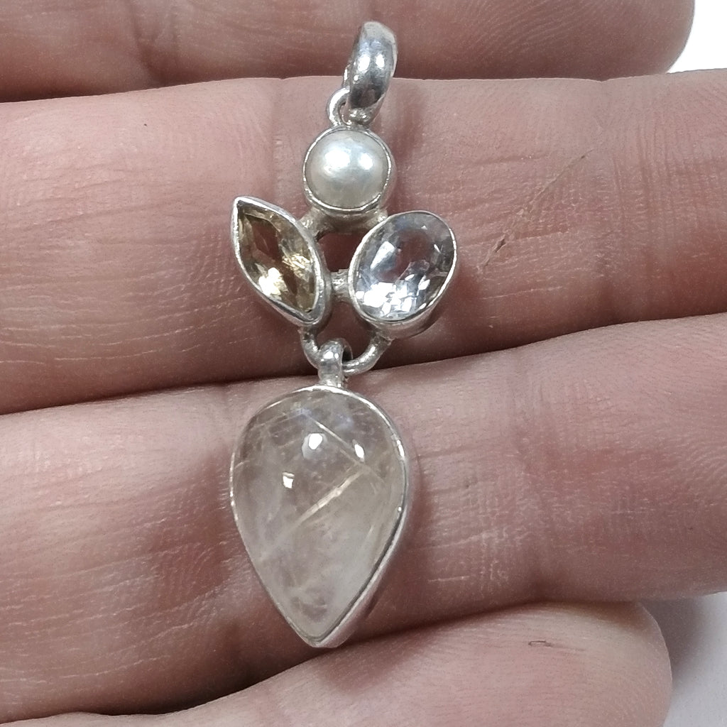 STONE PENDANT | in 925 silver Citrine Pearl Rutilated Quartz | SILVER JEWELRY