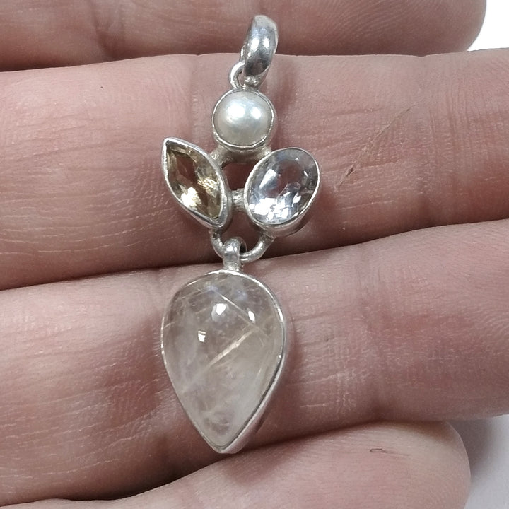 STONE PENDANT | in 925 silver Citrine Pearl Rutilated Quartz | SILVER JEWELRY