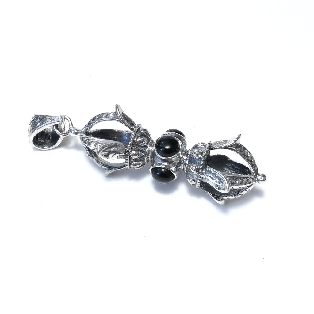Ciondolo ETNICO in argento 925 con DORJE / VAJRA Occhio di Tigre , Labradorite , Onice nero | GIOIELLI IN ARGENTO