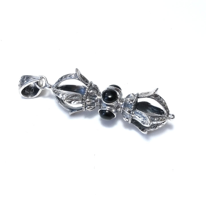 Ciondolo ETNICO in argento 925 con DORJE / VAJRA Occhio di Tigre , Labradorite , Onice nero | GIOIELLI IN ARGENTO