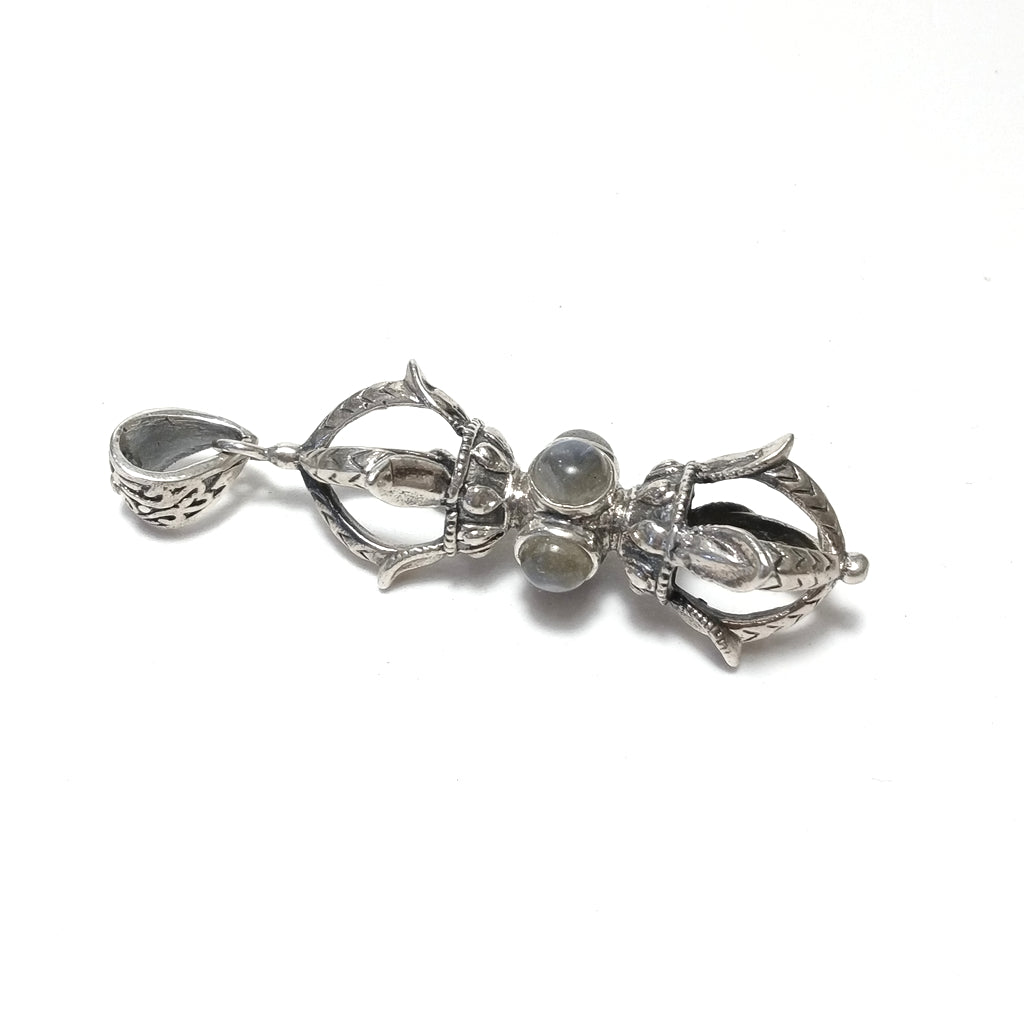 Ciondolo ETNICO in argento 925 con DORJE / VAJRA Occhio di Tigre , Labradorite , Onice nero | GIOIELLI IN ARGENTO